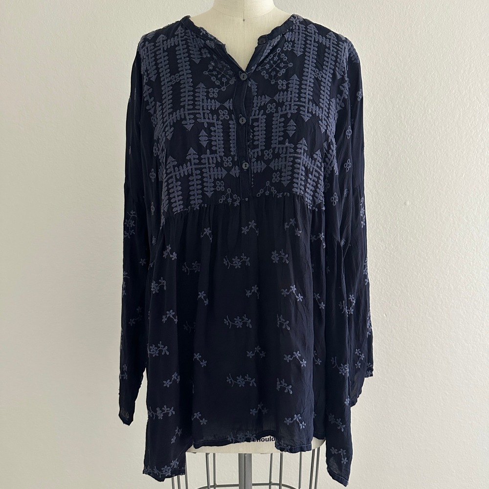 Johnny Was Embroidered Tunic Top Women S Navy Blue Boho Babydoll Peasant Blouse